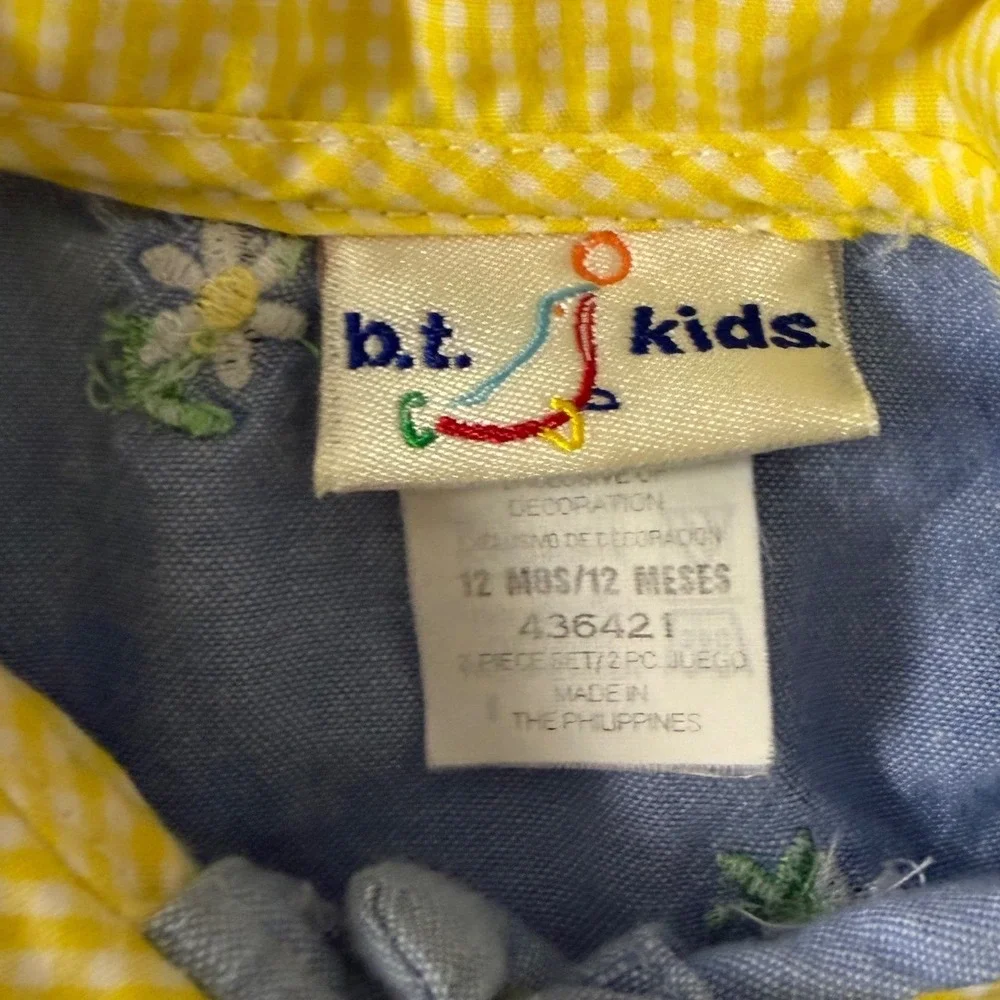 Vintage b.t. kids Girl Blue Floral Romper Yellow Gingham Trim 12 months